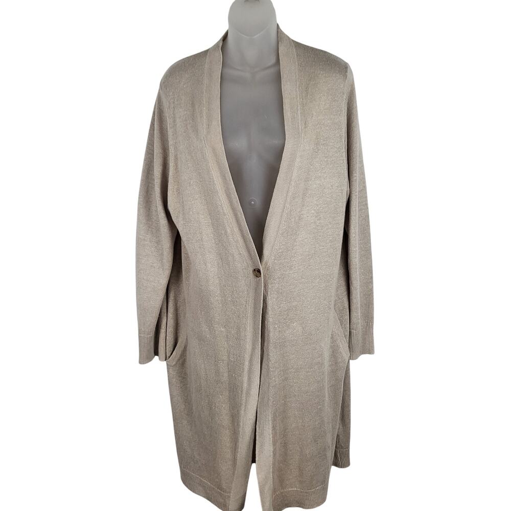 Eileen Fisher Organic Slub Linen One Button Long Cardigan Sweater in Tan L $278